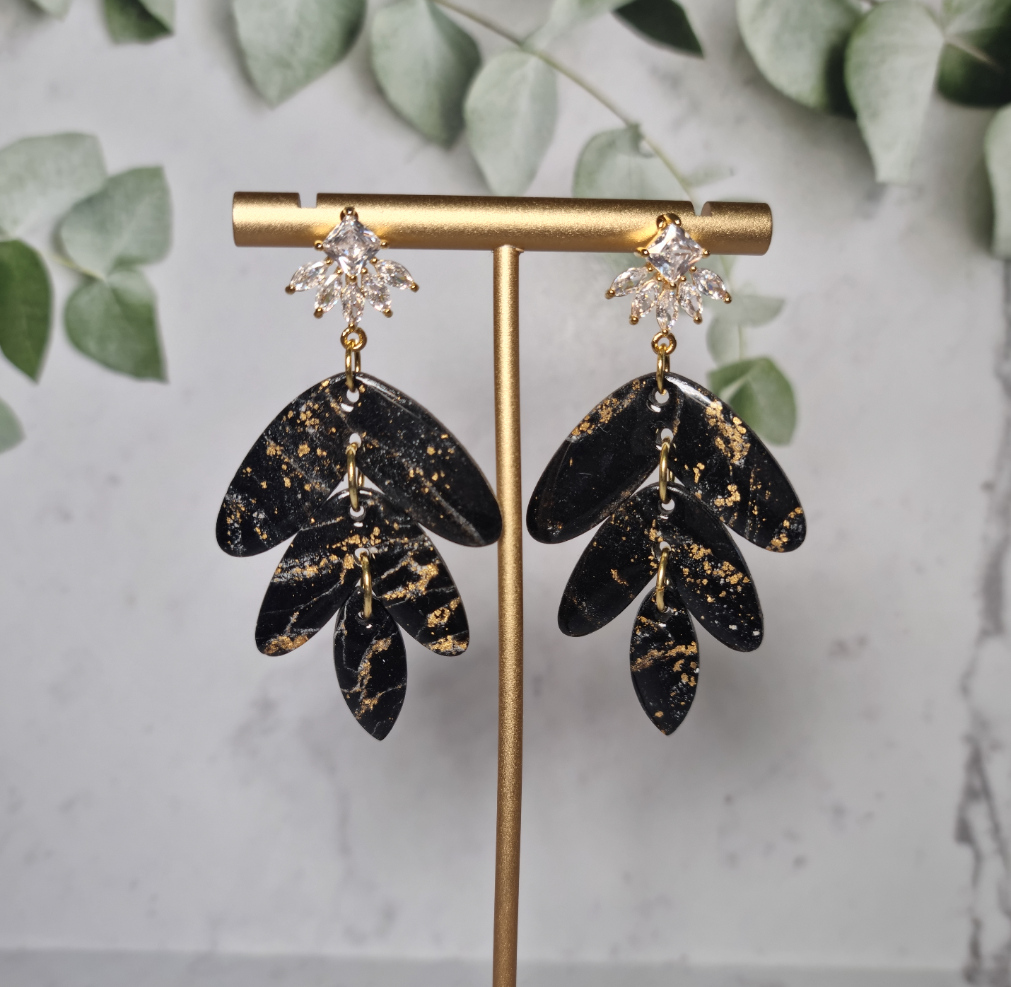 Black & Gold Faux Marble - Tiered Earrings