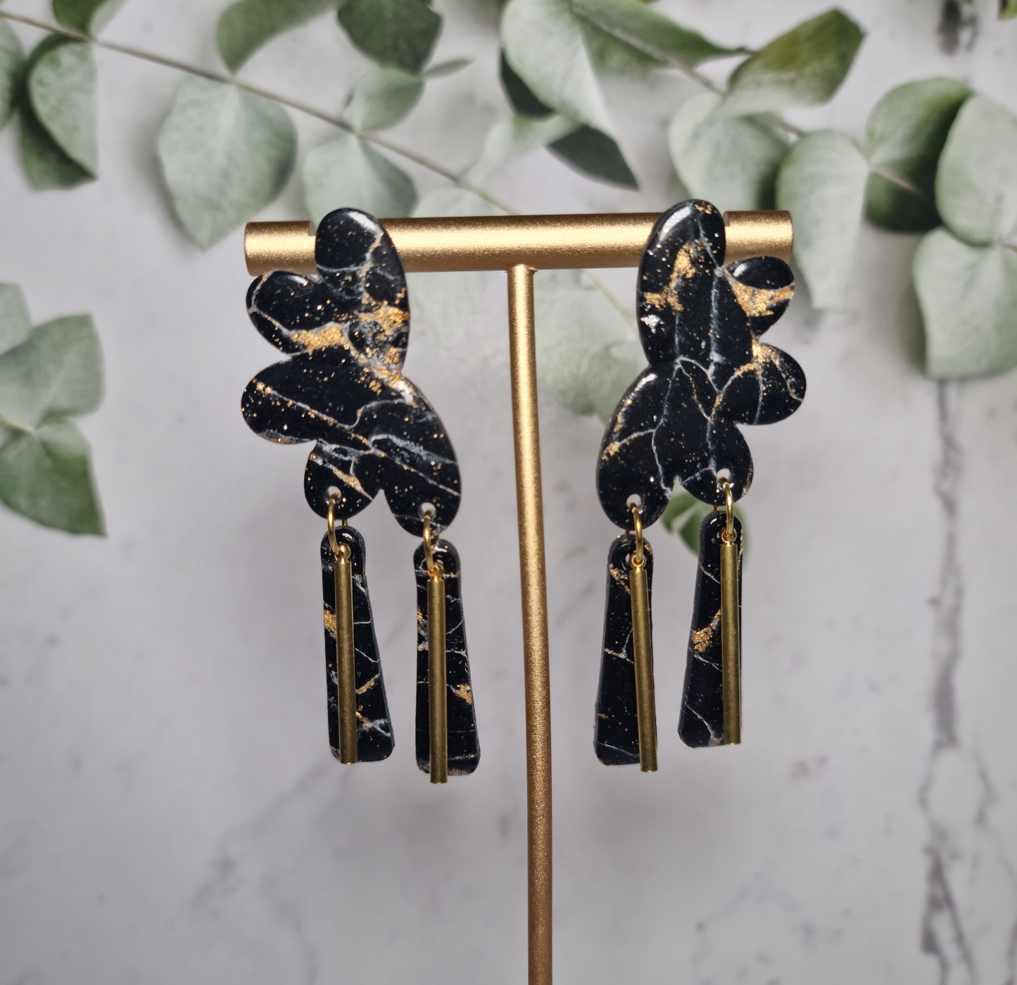 Black & Gold Faux Marble - Dangly Half Flower Earrings