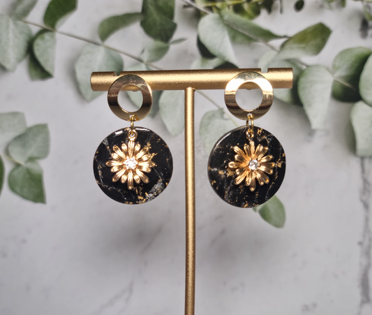 Black & Gold Faux Marble - Round Earrings