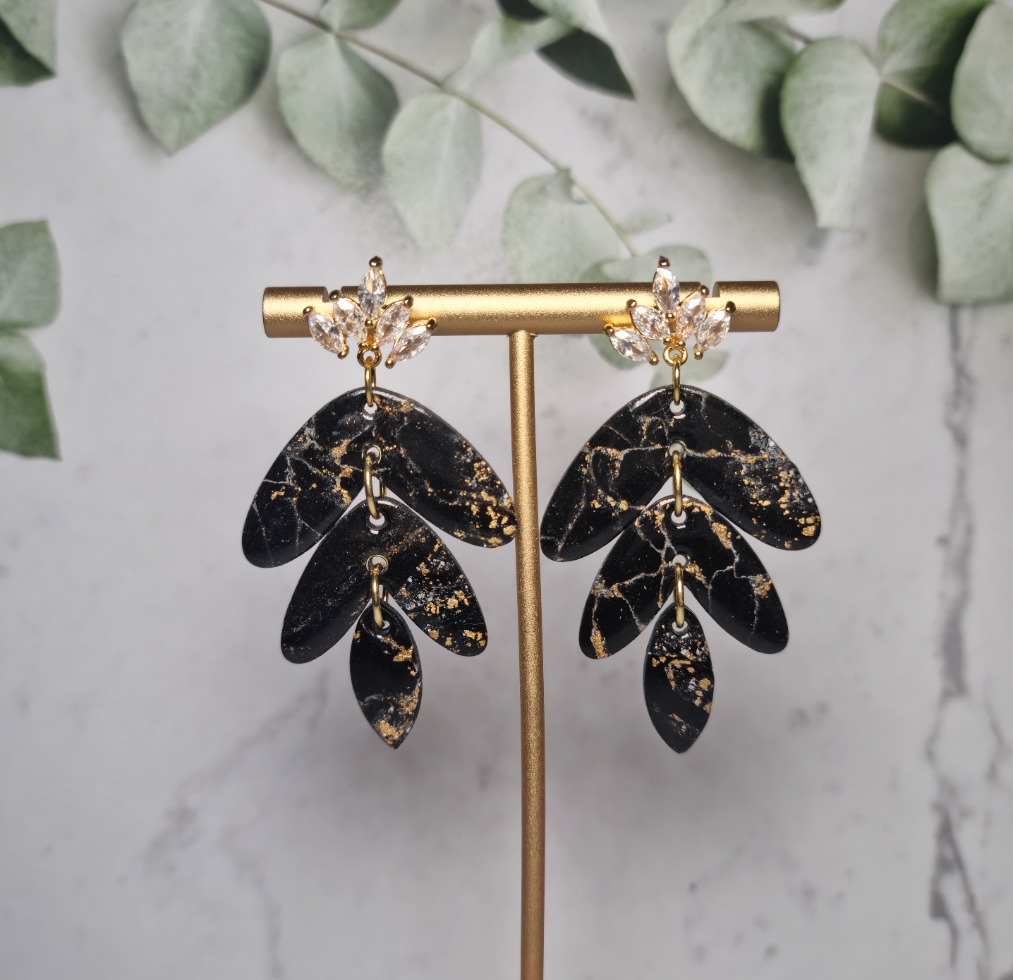 Black & Gold Faux Marble - Tiered Earrings