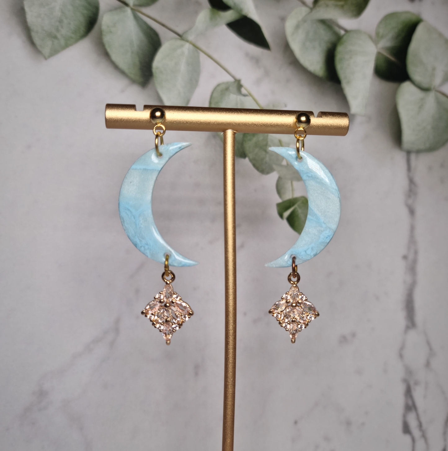 Light Blue Faux Marble - Moon Earrings