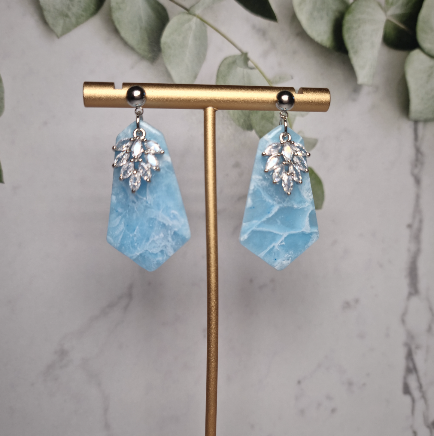 Light Blue Faux Marble - Crystal Shaped Earrings