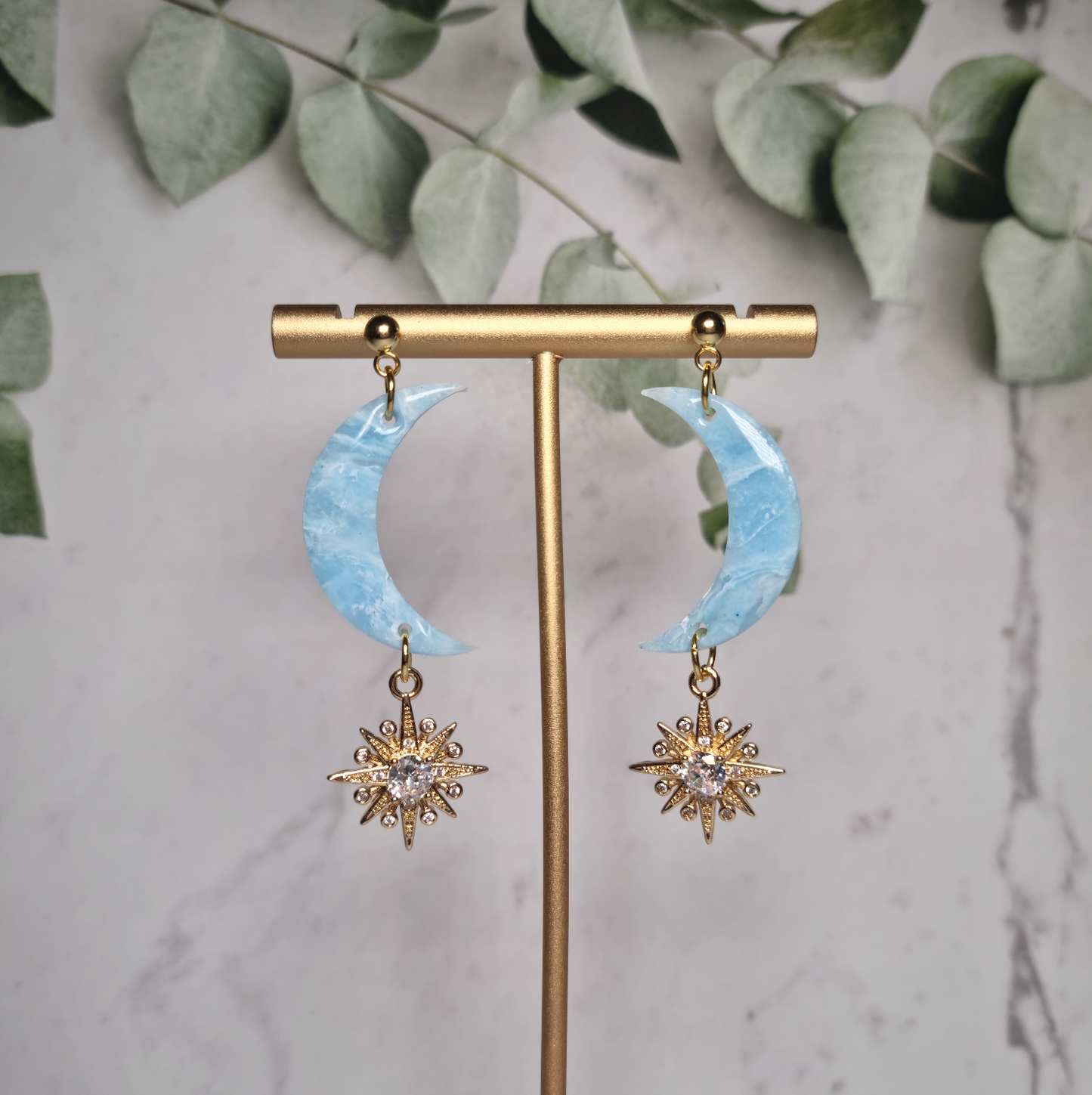 Light Blue Faux Marble - Moon Earrings