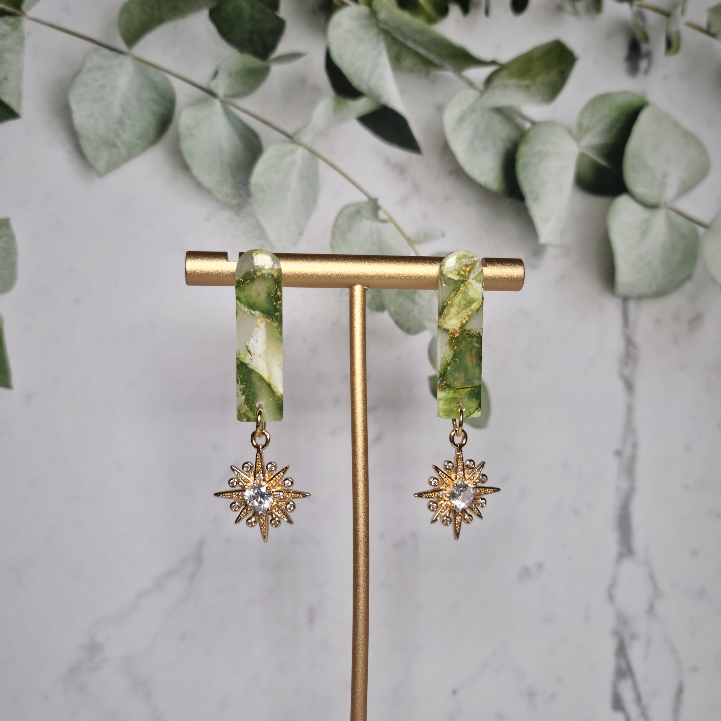 Forest Green & Gold Faux Marble - Skinny U Earrings