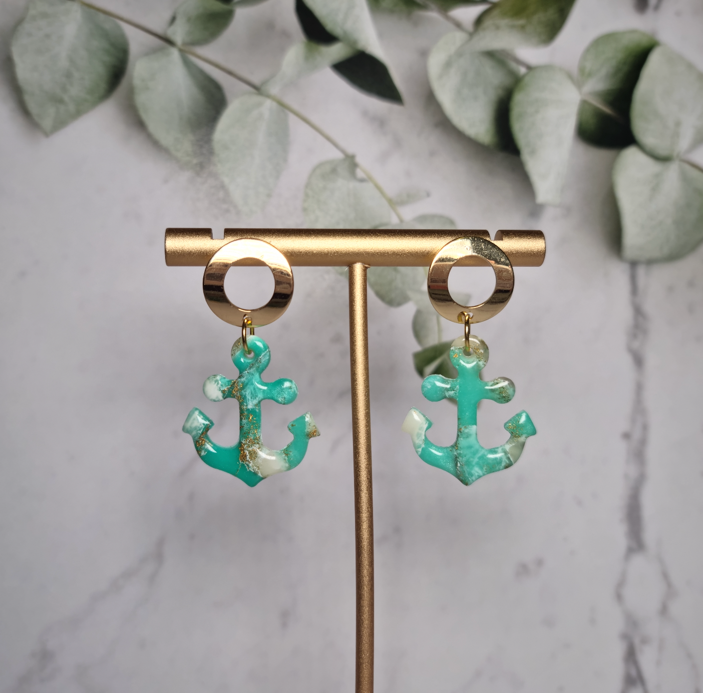 Teal Faux Marble - Anchor Earrings