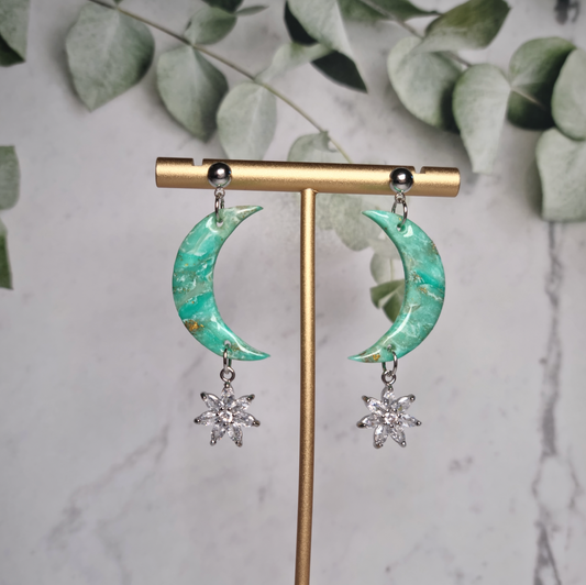 Teal Marble Moon Earrings | Hypoallergenic & Handmade