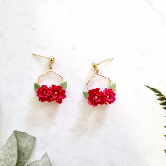 Red Flowers with Hexagon Gold Plated Earrings | Hypoallergenic & Handmade