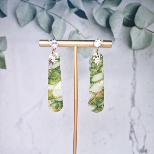 Forest Green & Gold Faux Marble - Long Oval Marble Earrings